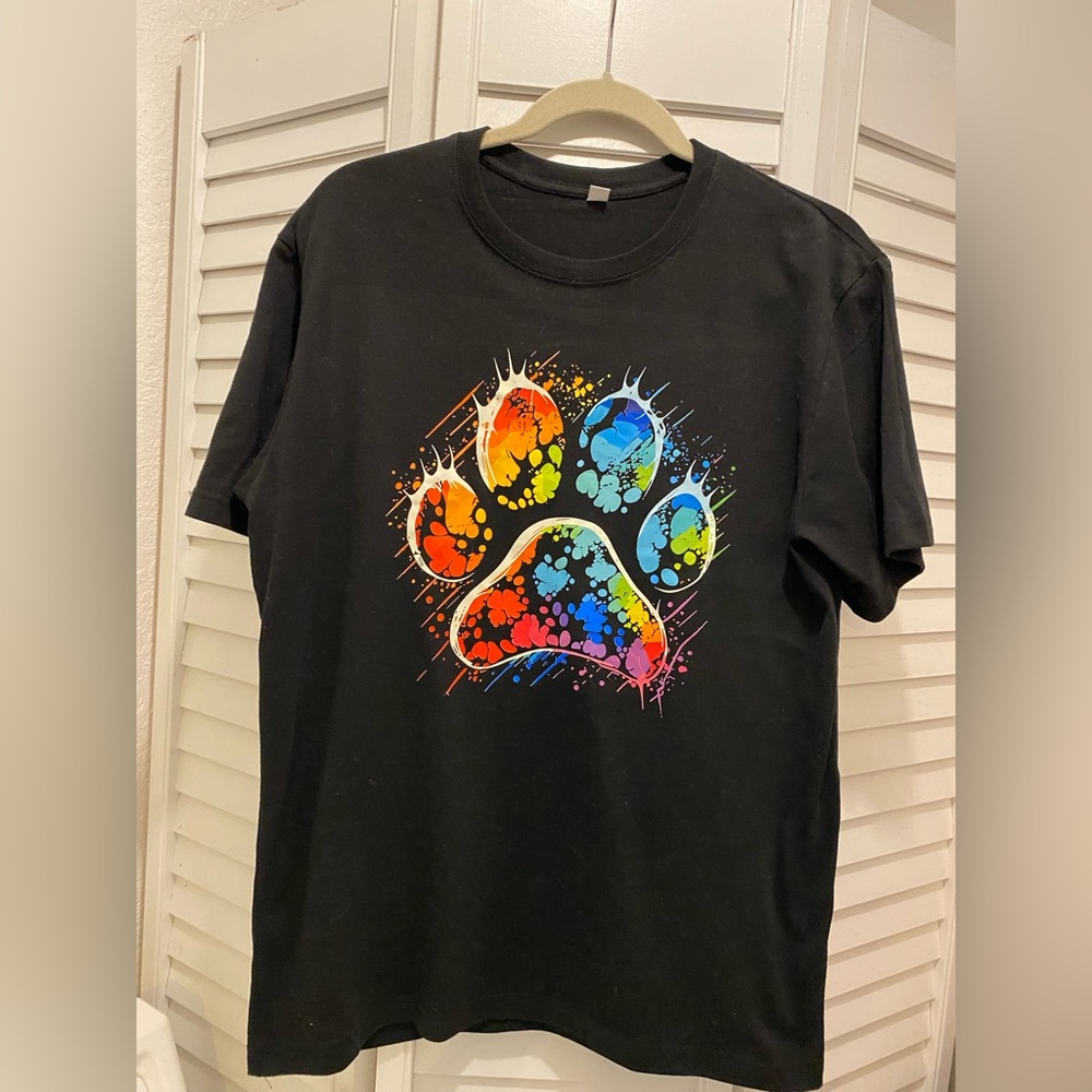 Black T-Shirt with Colorful Paw Print Design Size Medium EUC
